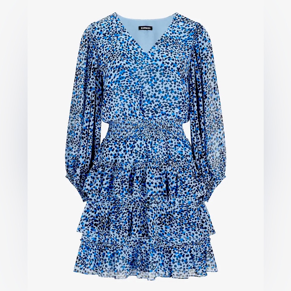 Express Leopard Print V-Neck Tiered Ruffle Dress.